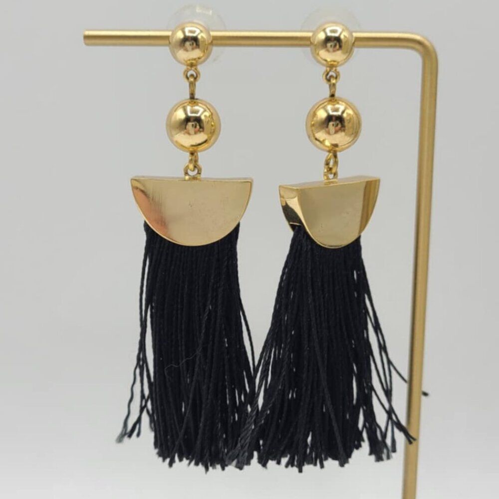 J Crew Gold Tone Black Tassel Earrings